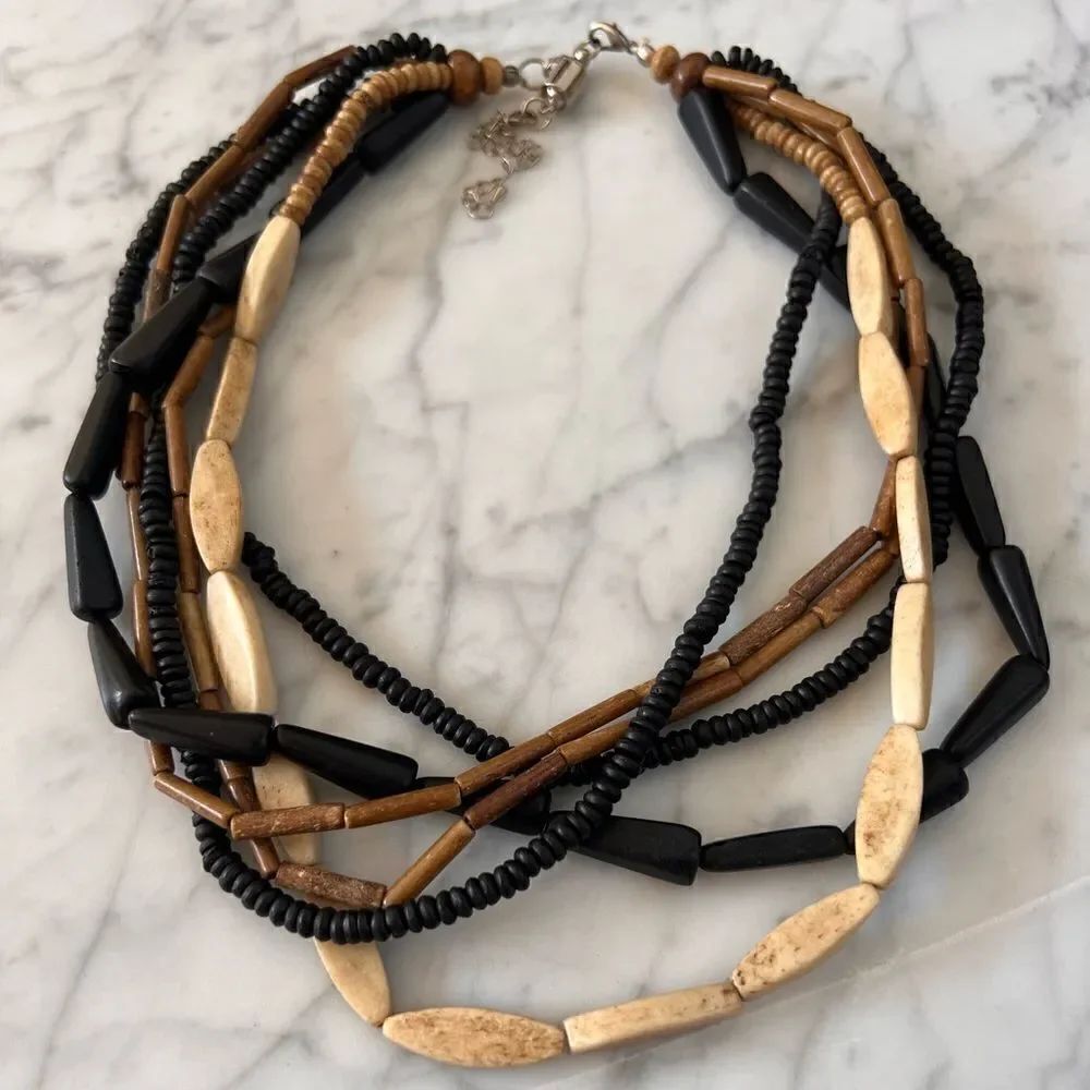 vintage Bohemian Wooden beaded Necklace Black Brown Mixed Shapes